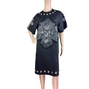 Black Short Sleeve Women Cross Studded Rhinestones Crew Neck Tee Dress OS